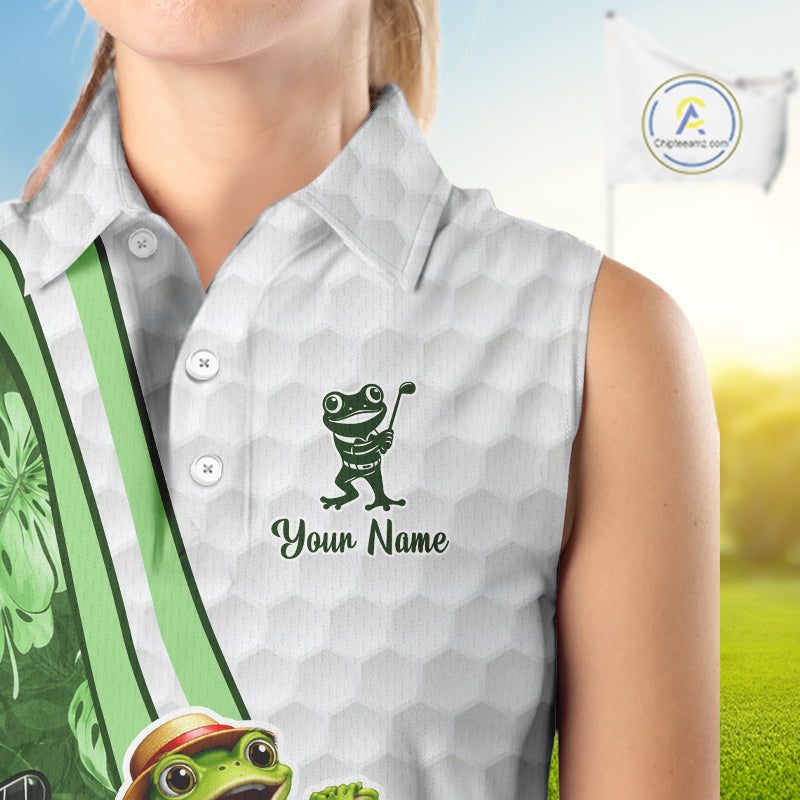 Funny Frog Golf Sleeveless Polo Shirt Custom Green Monstera Pattern White Golf Attire For Women NYN2842