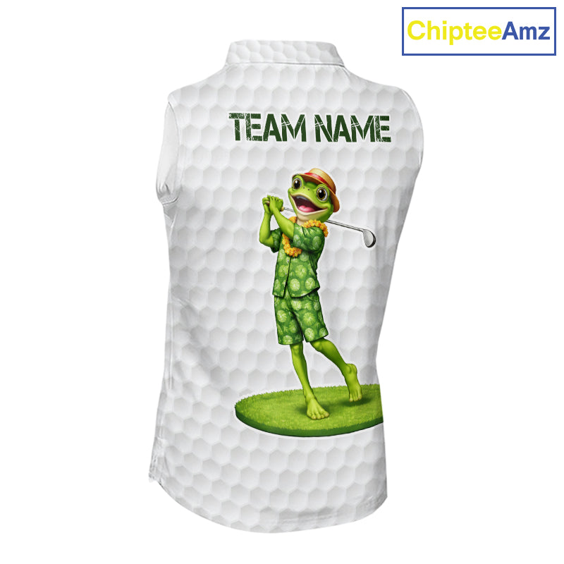 Funny Frog Golf Sleeveless Polo Shirt Custom Green Monstera Pattern White Golf Attire For Women NYN2842
