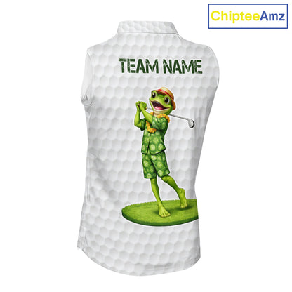 Funny Frog Golf Sleeveless Polo Shirt Custom Green Monstera Pattern White Golf Attire For Women NYN2842