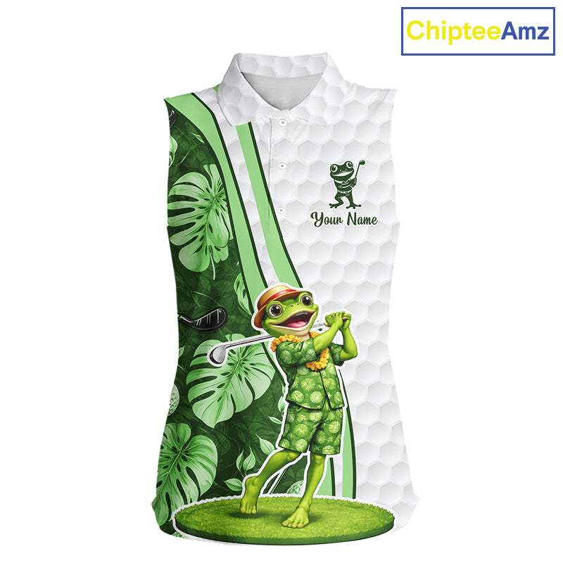 Funny Frog Golf Sleeveless Polo Shirt Custom Green Monstera Pattern White Golf Attire For Women NYN2842