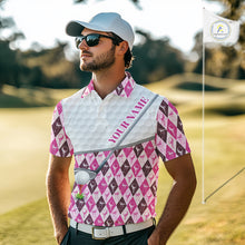 Load image into Gallery viewer, Mens Golf Polo Shirts Custom Pink Argyle And Flamingo Plaid Pattern Golf Attire For Men NYN2843