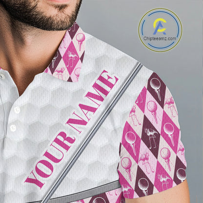 Mens Golf Polo Shirts Custom Pink Argyle And Flamingo Plaid Pattern Golf Attire For Men NYN2843