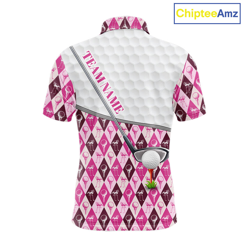 Mens Golf Polo Shirts Custom Pink Argyle And Flamingo Plaid Pattern Golf Attire For Men NYN2843