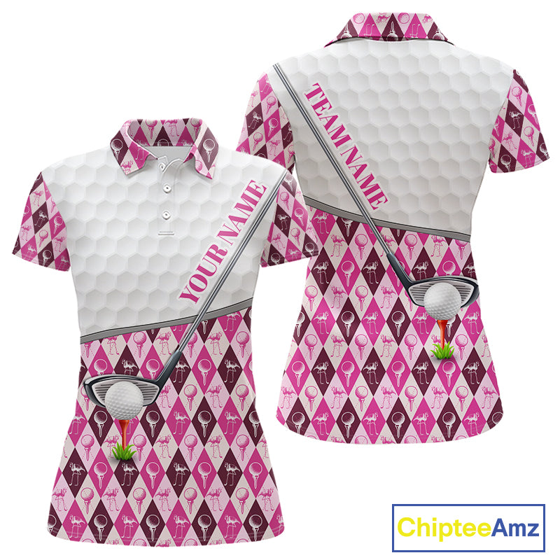 Mens Golf Polo Shirts Custom Pink Argyle And Flamingo Plaid Pattern Golf Attire For Women NYN2843