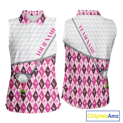 Mens Golf Sleeveless Polo Shirts Custom Pink Argyle And Flamingo Plaid Pattern Golf Attire For Women NYN2843