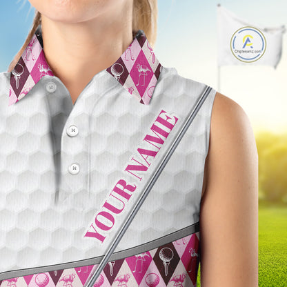 Mens Golf Sleeveless Polo Shirts Custom Pink Argyle And Flamingo Plaid Pattern Golf Attire For Women NYN2843