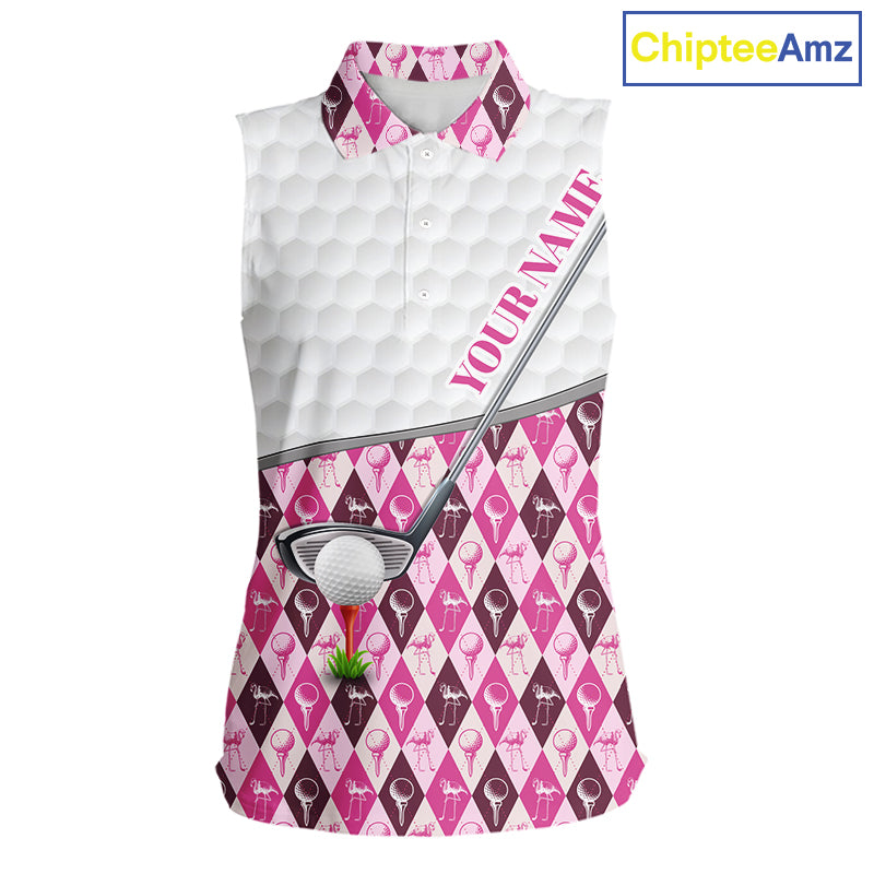 Mens Golf Sleeveless Polo Shirts Custom Pink Argyle And Flamingo Plaid Pattern Golf Attire For Women NYN2843