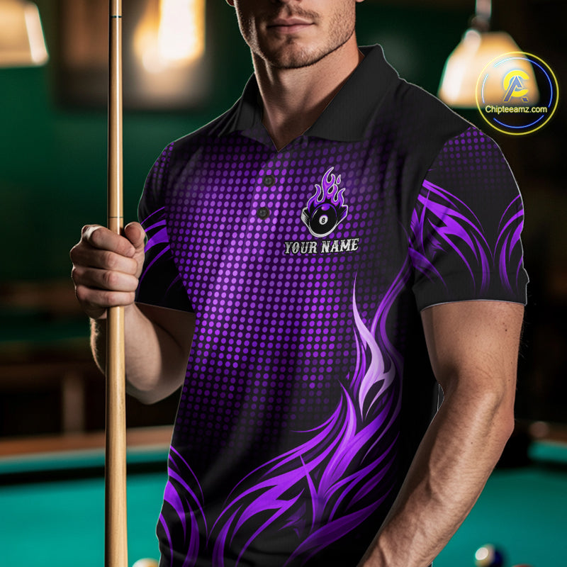 Custom Purple Flaming 8 Ball Billiard Shirts For Men Billiard League Billiard Team Shirts NYN2848