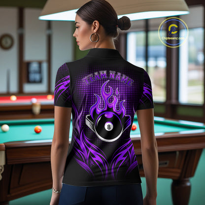 Custom Purple Flaming 8 Ball Billiard Shirts For Women Billiard League Billiard Team Shirts NYN2848