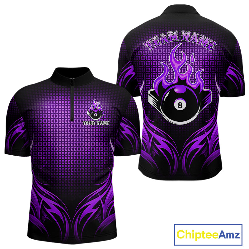 Custom Purple Flaming 8 Ball Billiard Shirts For Men Billiard League Billiard Team Shirts NYN2848