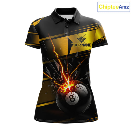 Thunder Cracked 8 Ball Billiard Shirt For Women Custom Black And Gold Billiard Pool Team Jersey NYN3224