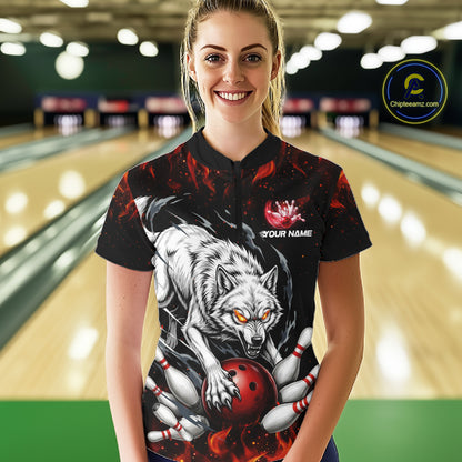 Fire Flame Funny Wolf Bowling Ball Jersey For Women Personalized Bowling Team Shirts | Red NYN3226