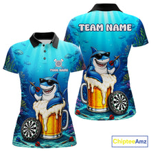 Load image into Gallery viewer, Funny Ocean Shark Beer women's dart polo shirt custom dart league uniform, competitive dart jersey, ladies dart apparel