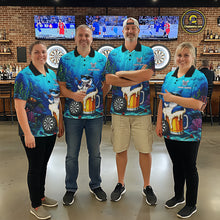 Load image into Gallery viewer, Men women dart team wearing Shark Beer personalized dart jerseys and team apparel