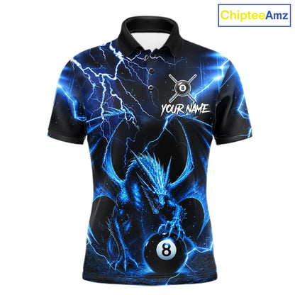 Blue Dragon 8 Ball Billiard Polo featuring lightning dragon artwork, personalized team name, custom 8 Ball & 9 Ball pool jersey, quick-dry athletic polo, professional billiards apparel, league-ready performance clothing, fantasy sportswear, dragon lover gift.
