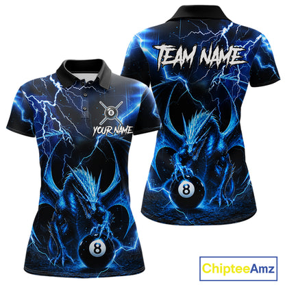 Blue 8 Ball Dragon Billiard Polo featuring an electric blue dragon wrapped around an 8 Ball with thunder lightning effects, personalized player name, custom pool team jersey, breathable moisture-wicking polo, professional cue sports apparel, custom tournament uniform, fantasy dragon artwork, championship pool clothing.