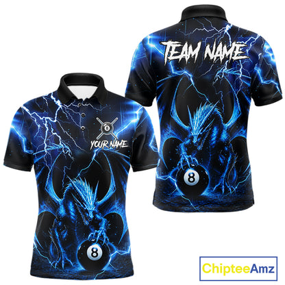Blue Dragon 8 Ball Billiard Polo featuring lightning dragon artwork, personalized team name, custom 8 Ball & 9 Ball pool jersey, quick-dry athletic polo, professional billiards apparel, league-ready performance clothing, fantasy sportswear, dragon lover gift.