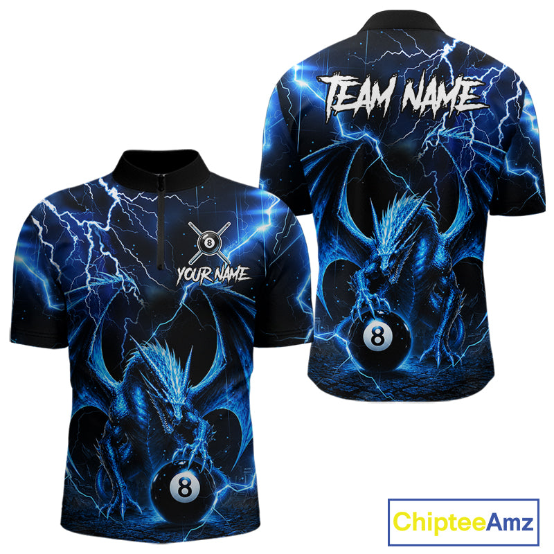 Blue Dragon Quarter-Zip Billiard Shirt featuring powerful dragon artwork, lightning effects, personalized player name, breathable cue sports jersey, championship tournament apparel, custom billiards uniform.