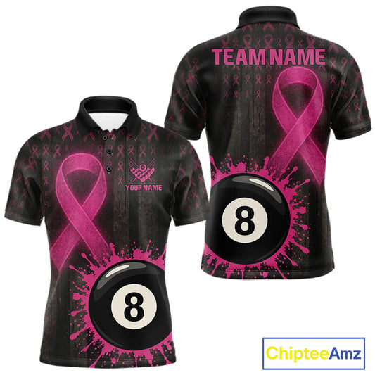 Billiard Breast Cancer Shirt For Men Personalized Pink Ribbon 8 Ball Pool Polo 1/4-Zip Jersey NYN4489