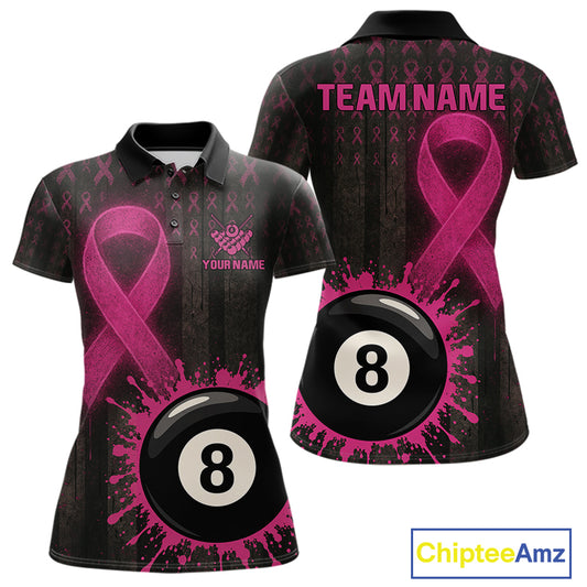 Billiard Breast Cancer Shirt For Women Personalized Pink Ribbon 8 Ball Pool Polo 1/4-Zip Jersey NYN4489