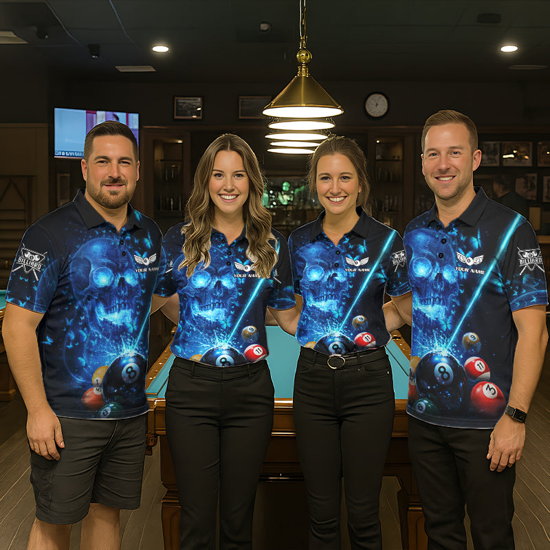 Load image into Gallery viewer, Blue Skull Thunder Pool 8 Ball Women's Billiard Polo & 1/4-Zip Shirt Custom Billiards Team Apparel NYN2491