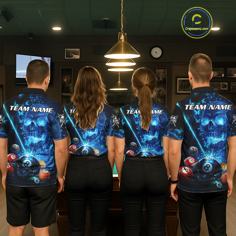 Blue Skull Thunder Pool 8 Ball Men's Billiard Polo & 1/4-Zip Shirt Custom Billiards Team Apparel NYN2491