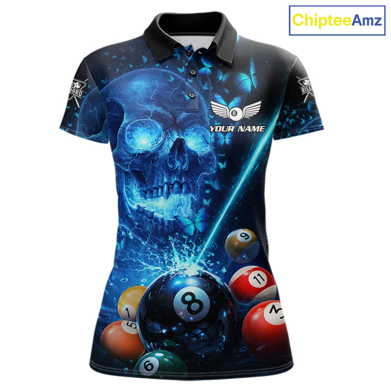 Load image into Gallery viewer, Blue Skull Thunder Pool 8 Ball Women's Billiard Polo & 1/4-Zip Shirt Custom Billiards Team Apparel NYN2491