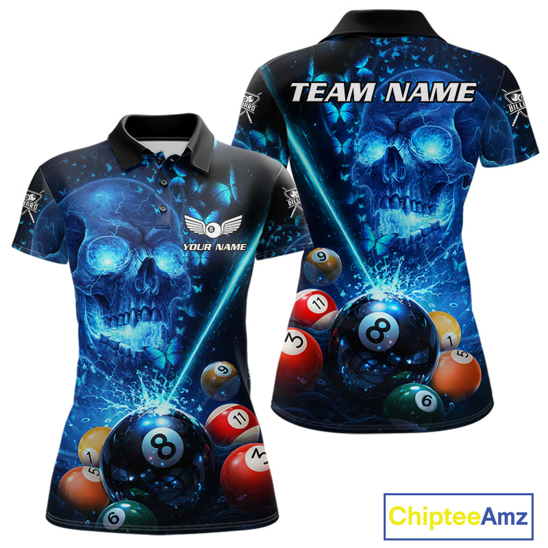 Load image into Gallery viewer, Blue Skull Thunder Pool 8 Ball Women's Billiard Polo & 1/4-Zip Shirt Custom Billiards Team Apparel NYN2491