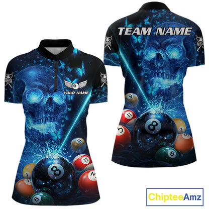 Blue Skull Thunder Pool 8 Ball Women's Billiard Polo & 1/4-Zip Shirt Custom Billiards Team Apparel NYN2491