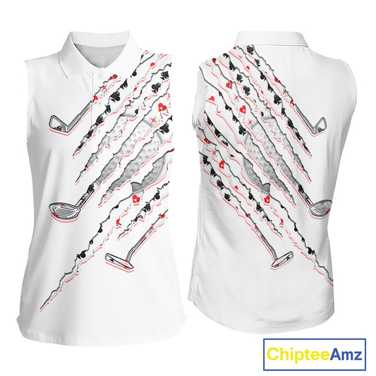 Poker Pattern Golf Sleeveless Polo Shirt For Womens Personalized White Golf Clubs Attire, Team Golf Outfit NYN2854