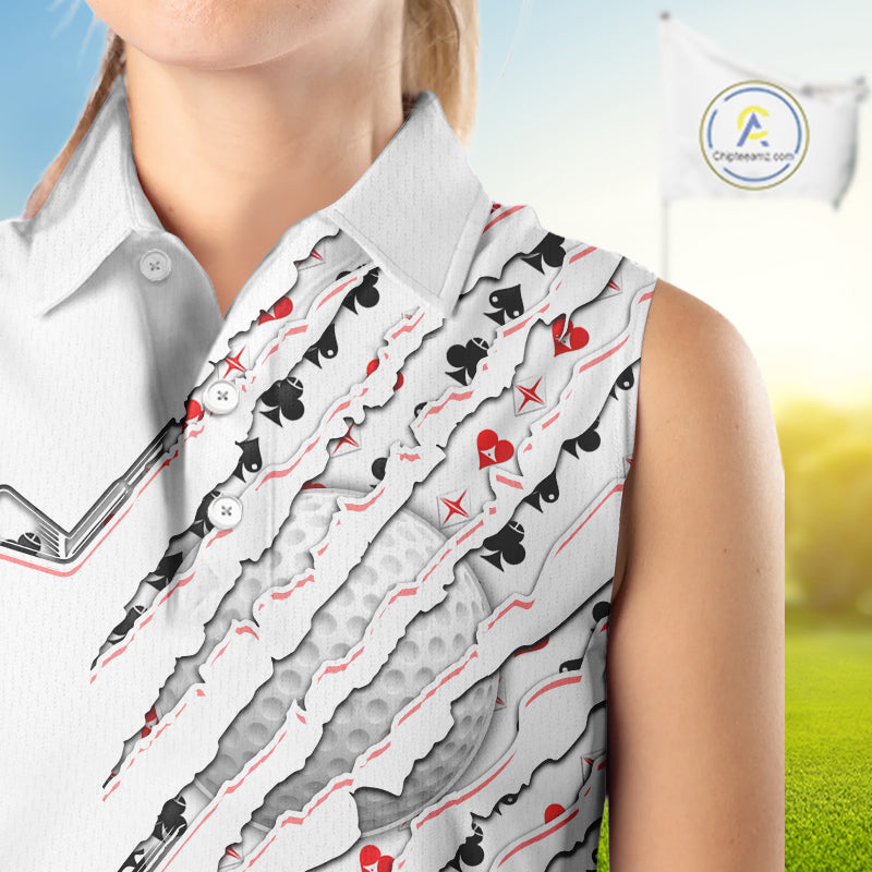 Poker Pattern Golf Sleeveless Polo Shirt For Womens Personalized White Golf Clubs Attire, Team Golf Outfit NYN2854