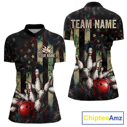 Personalized American Flag Grunge Bowling Shirt For Women Custom Splatter Outfit Bowling Jersey NYN3231