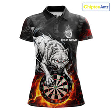 Load image into Gallery viewer, Fire Flame Funny Wolf Darts Polo &amp; 1/4 Zip For Women Personalized Grunge Dart Team Shirts | Red NYN3236