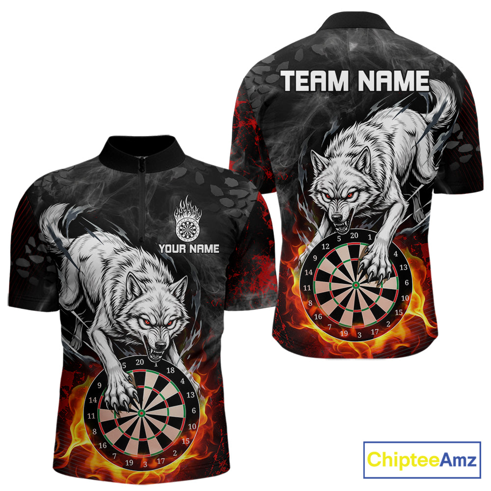 Fire Flame Funny Wolf Darts Polo & 1/4 Zip For Men Personalized Grunge Dart Team Shirts | Red NYN3236