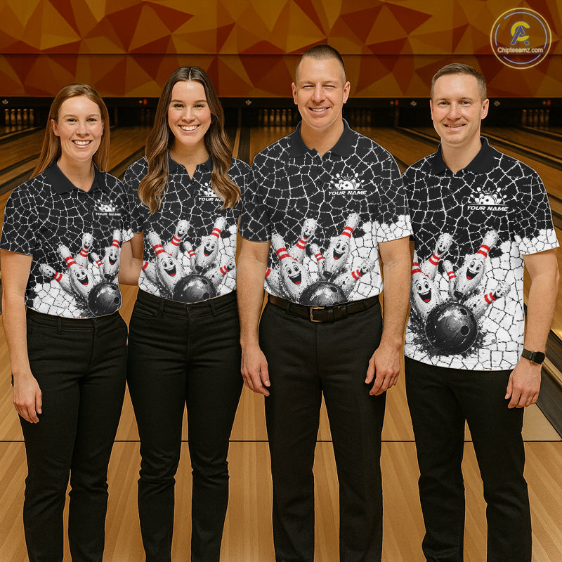White And Black Cracked Funny Pins & Ball Bowling Shirt For Men Custom Outfit Team Bowling Jersey NYN3238