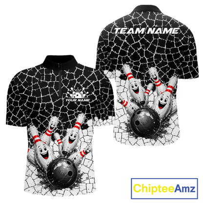 White And Black Cracked Funny Pins & Ball Bowling Shirt For Men Custom Outfit Team Bowling Jersey NYN3238