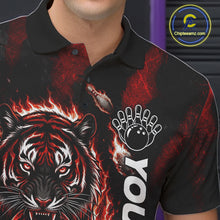 Load image into Gallery viewer, Male bowler wearing Fire Flame Tiger Red Claws bowling jersey during league and tournament competition
