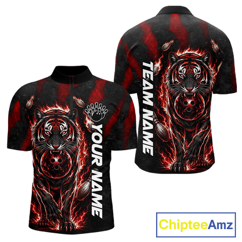 Fire Flame Tiger Red Claws men's quarter zip bowling shirt custom bowling team apparel, league jersey