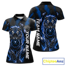 Load image into Gallery viewer, Fire Flame Tiger Blue Claws women's bowling polo shirt custom bowling team jersey, personalized bowling apparel