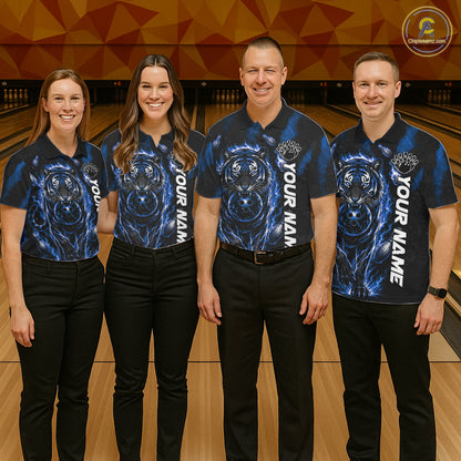 Men women bowling team wearing Fire Flame Tiger Blue Claws bowling uniforms and custom team jerseys