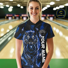 Load image into Gallery viewer, Female bowler wearing Fire Flame Tiger Blue Claws bowling jersey in competitive bowling tournament