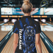 Load image into Gallery viewer, Female bowler wearing Fire Flame Tiger Blue Claws bowling jersey in competitive bowling tournament