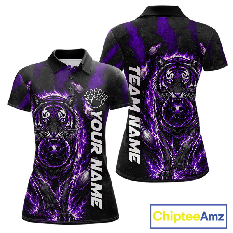 Fire Flame Tiger Purple Claws women's bowling polo shirt custom bowling team uniform, personalized bowling jersey