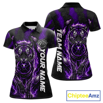 Fire Flame Tiger Purple Claws women's bowling polo shirt custom bowling team uniform, personalized bowling jersey