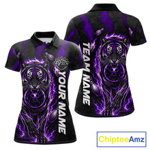 Load image into Gallery viewer, Fire Flame Tiger Purple Claws women's bowling polo shirt custom bowling team uniform, personalized bowling jersey