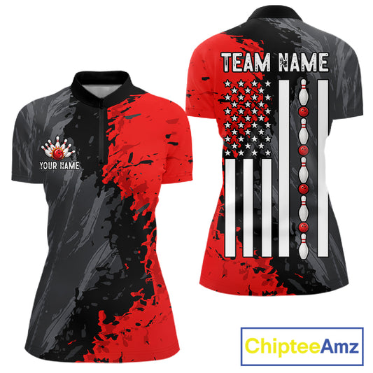 Black Grey Red Grunge US Flag women's quarter zip bowling shirt patriotic bowling league apparel