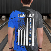 Load image into Gallery viewer, Male bowler wearing Black Grey Blue Grunge US Flag bowling jersey during league and tournament competition