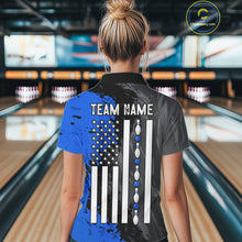 Load image into Gallery viewer, Female bowler wearing Black Grey Blue Grunge US Flag bowling jersey during league and tournament competition