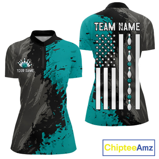 Black Grey Teal Grunge US Flag women's quarter zip bowling shirt custom patriotic bowling apparel