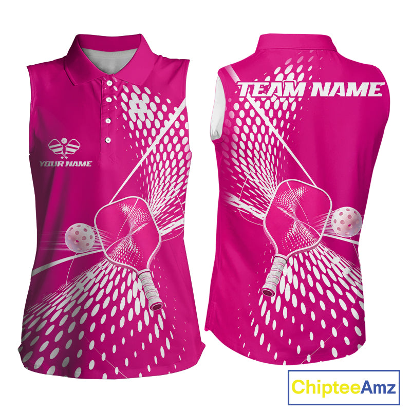 Custom Pink And White Sleeveless Polo Pickleball Shirt For Women Pickleball Tournament Shirts Team Uniform NYN4103